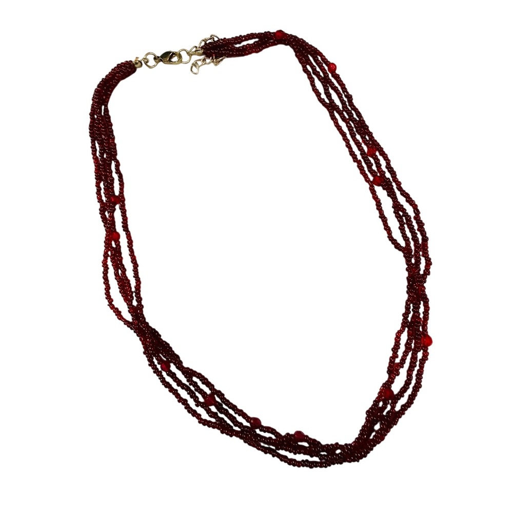 Multi Strand Red Beaded Necklace‎ Layered Choker Statement Boho